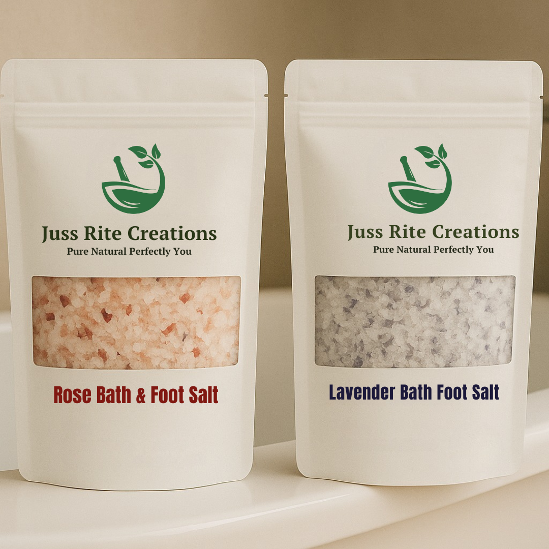 Two packages of Juss Rite Creations bath salts on a beige background