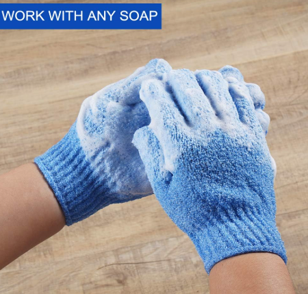 Blue gloves with soap suds on a wooden surface, text 'Work with any soap' above.
