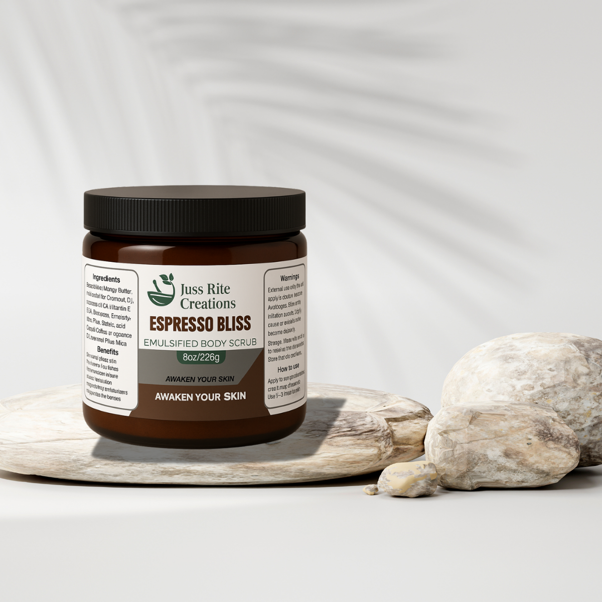 Jar of Espresso Bliss emulsified body scrub by Juss Rite Creations on a white background