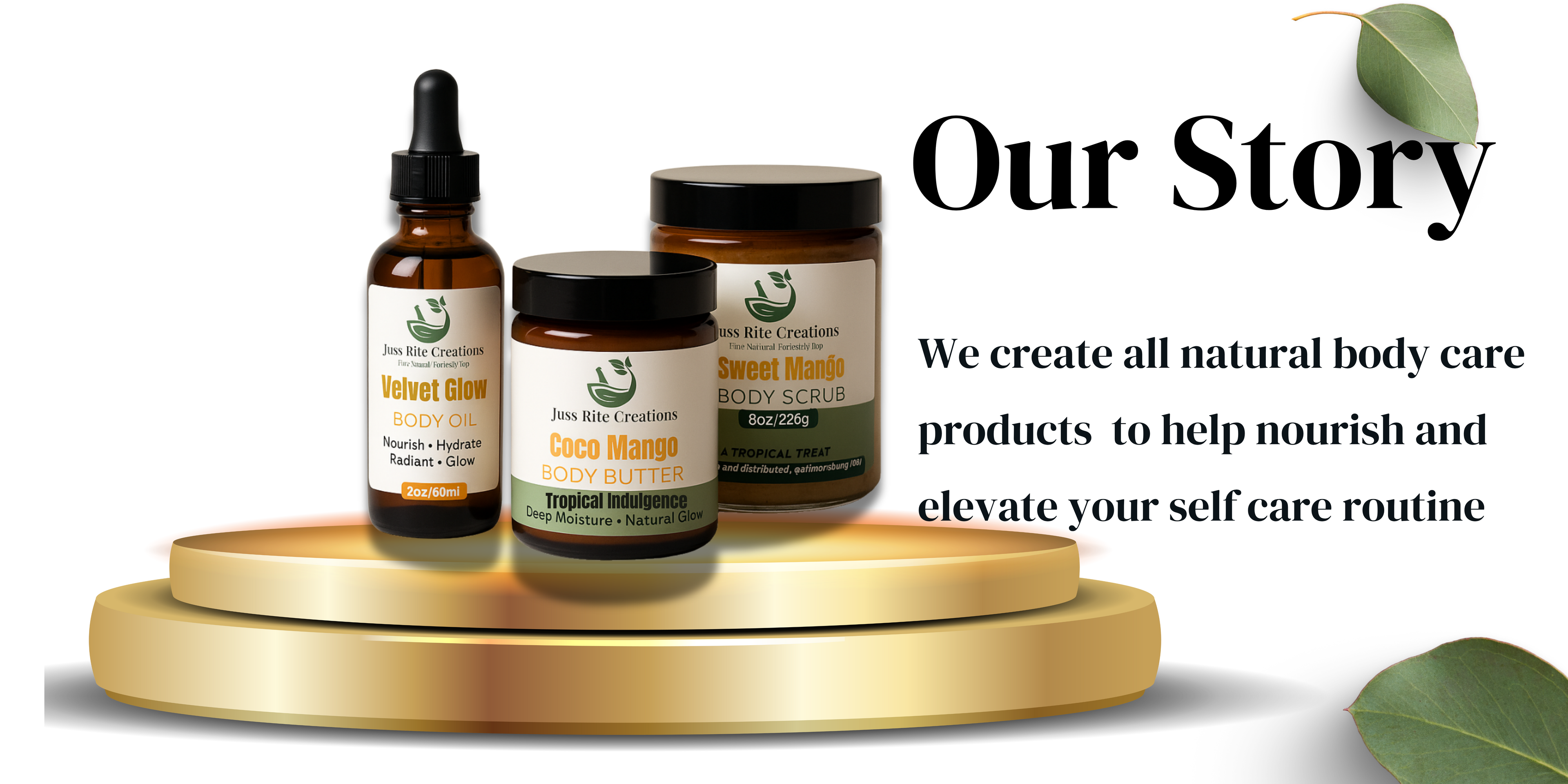 Natural body care products on a gold platform with text about creating self-care routines.