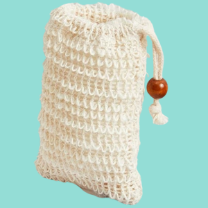 Knitted drawstring bag with a wooden bead on a teal background