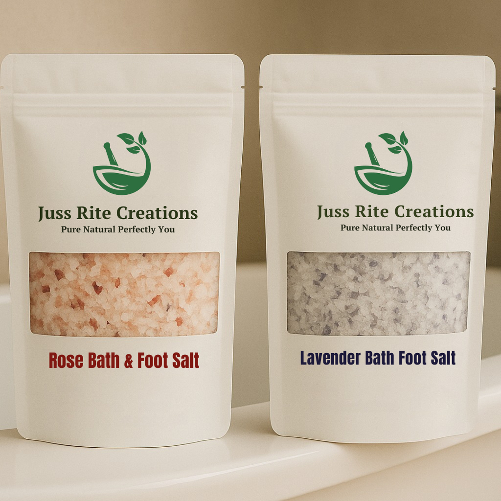 Two packages of Juss Rite Creations bath salts on a beige background