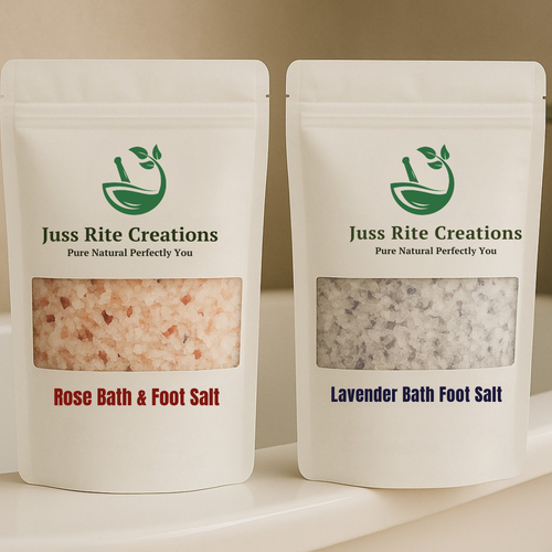 Two packages of Juss Rite Creations bath salts on a beige background