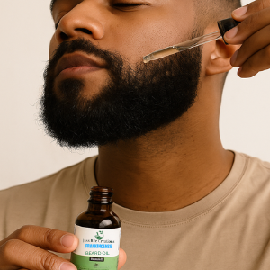 Man applying a dropper of a product to his beard with a bottle labeled 'Black & White' in front.