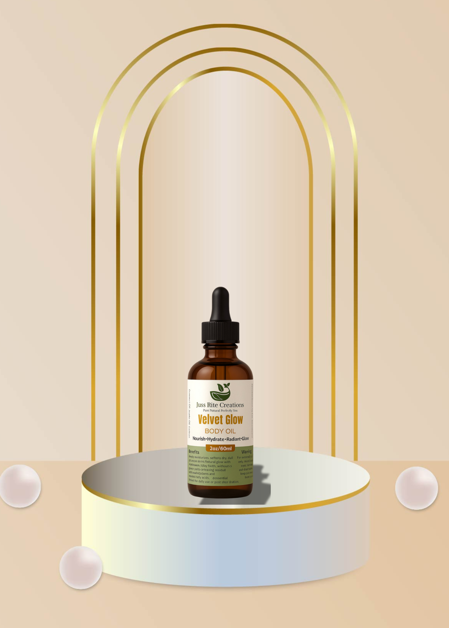 Bottle of 'velvet Glow' body oil on a round platform with a gold arch in the background